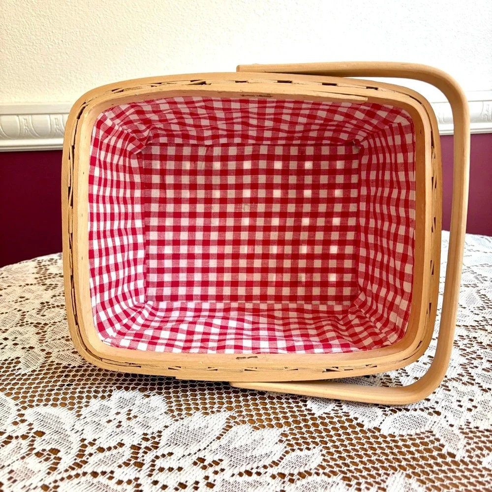 Vintage Woven Picnic Basket Red Gingham Lining Swing Handle 10x8x5 Cottage Retro